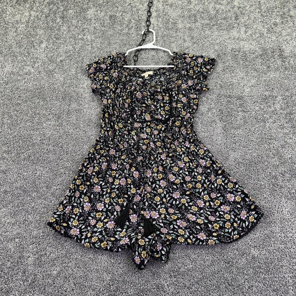 Rewind Romper Womens L Black Floral Short Sleeve Tassel Elastic Waist Summer